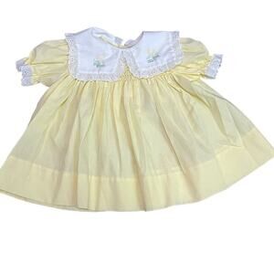 Vintage Wonderalls Baby Girls Pale Yellow Polly Dress Peter Pan Collar Eyelet